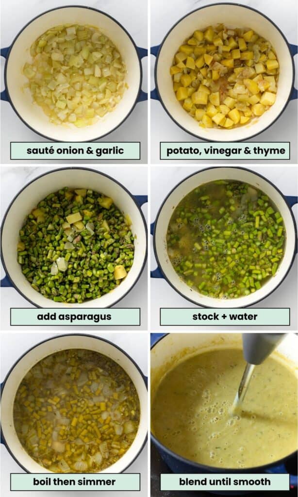 homemade asparagus potato soup collage of steps