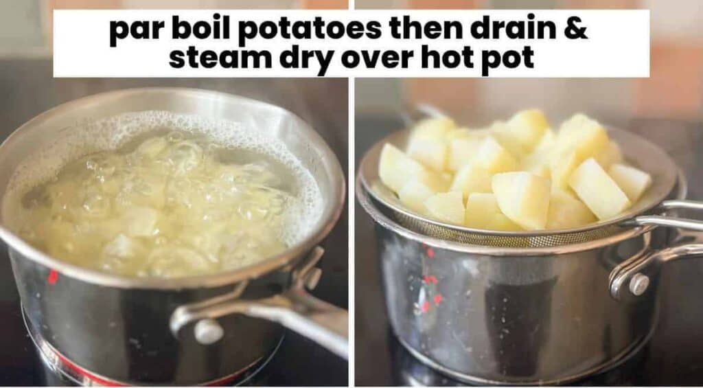diced potatoes boiling in a pan then drained and steam drying over the pan