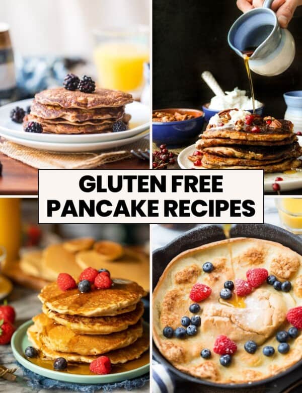 4 gluten free pancakes: coconut flour pancakes, sweet potato pancakes, millet flour pancakes and a puffed oven pancake