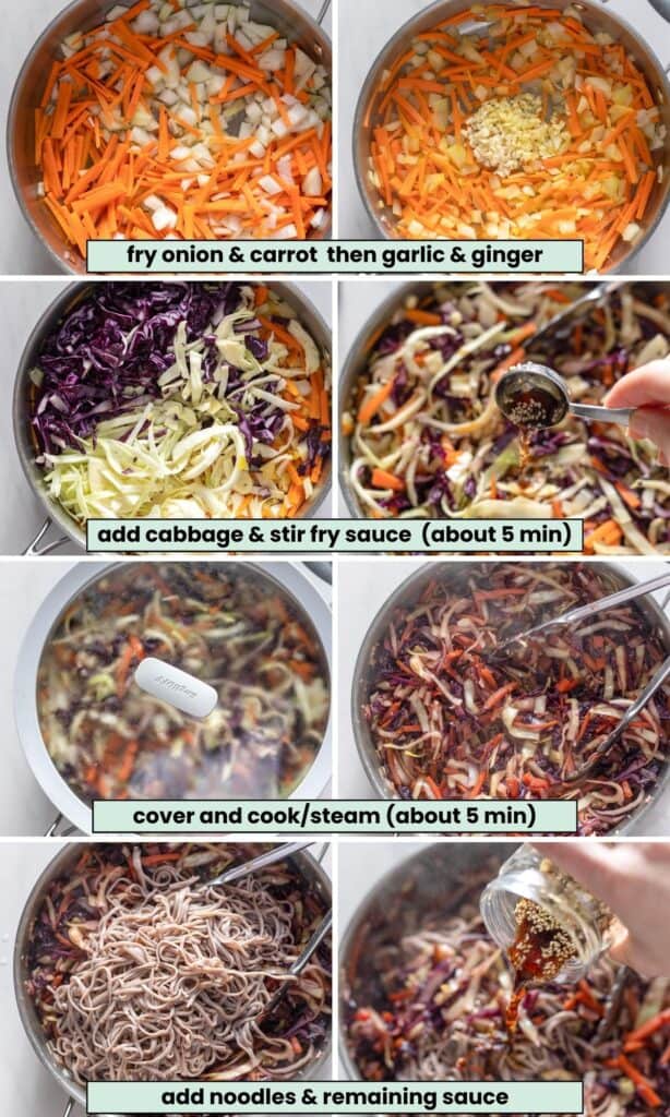 Carrot and Cabbage Noodle Stir Fry collage of cooking steps steps
