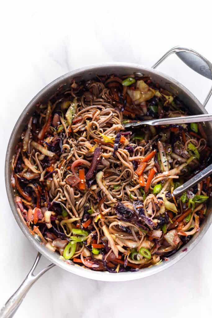 Carrot and Cabbage Noodle Stir Fry in a large skillet