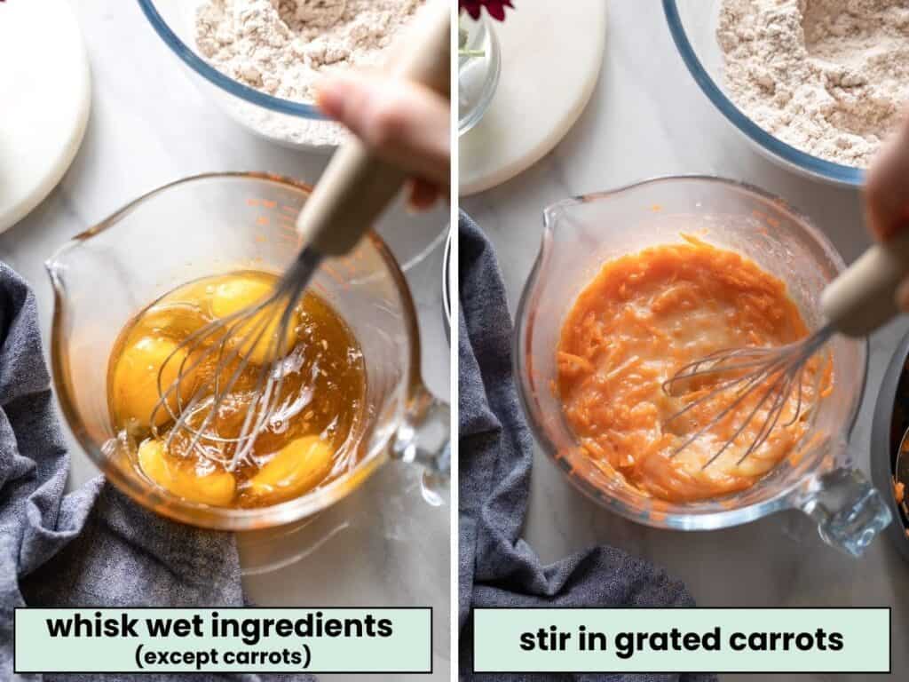 collage: paleo carrot cake wet ingredients mixing together