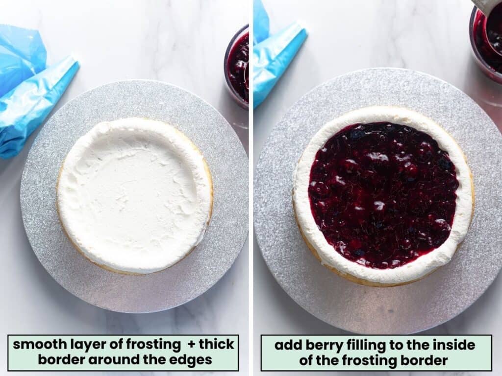cake layer assembly: frosting layer with a piped border around edges then filled with a blueberry compote