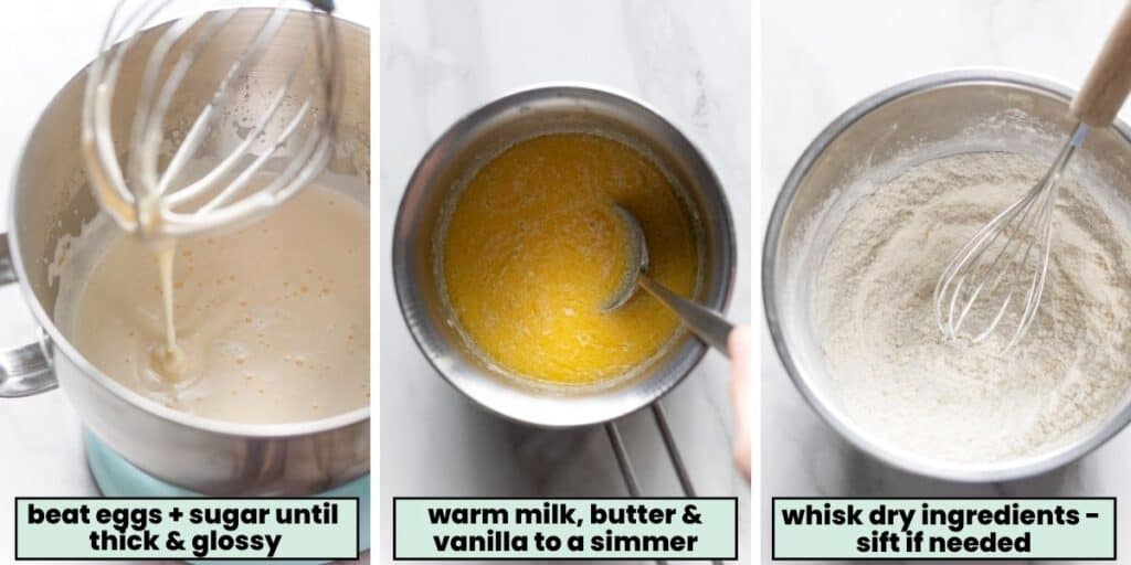 lemon cake batter collage prep: beaten eggs + sugar; warmed milk + butter; whisked dry ingredients