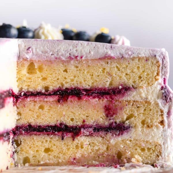 the inside of a three layer Gluten Free Lemon Cake with Blueberry Filling