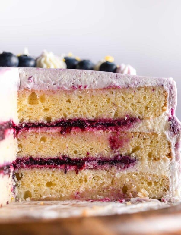 the inside of a three layer Gluten Free Lemon Cake with Blueberry Filling