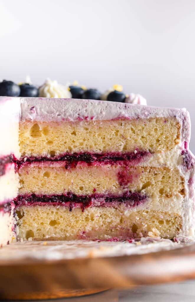 the inside of a three layer Gluten Free Lemon Cake with Blueberry Filling 