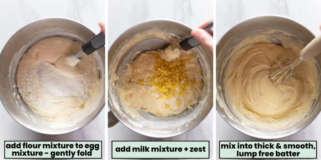 lemon cake batter collage prep: dry ingredients added to wet ingredients and mixed into a thick, smooth batter