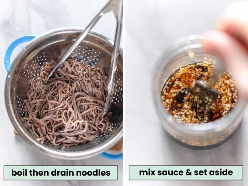 cooked soba noodles drain in a colander and a jar with a stir fry sauce mixing together
