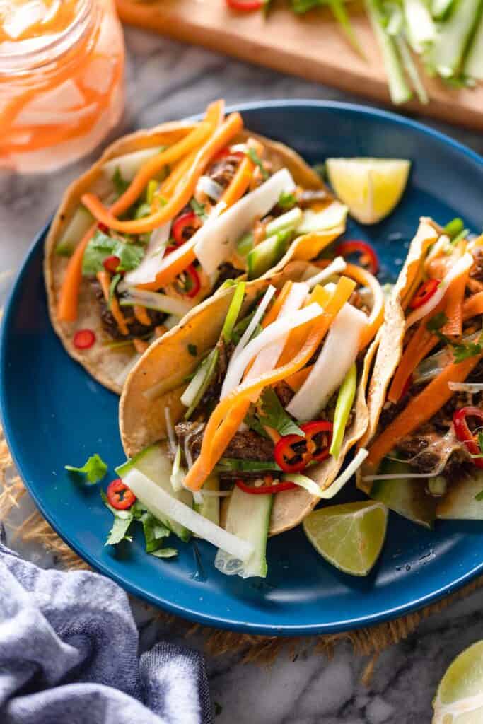 Bahn Mi Tacos with Vietnamese Pickled carrots on top