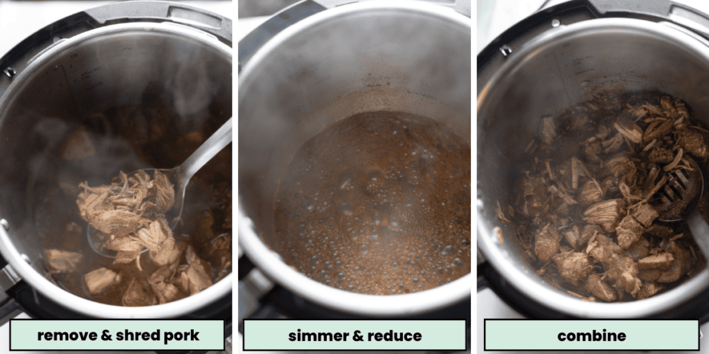 Vietnamese Five Spice Pulled Pork in the instant - steps showing how to reduce the liquids 