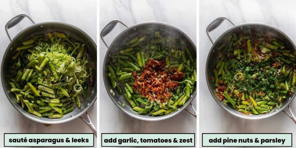 sliced asparagus stalks and leeks in a large frying pan, then topped with chopped sun dried tomatoes, garlic, parsley, lemon and pine nuts on top