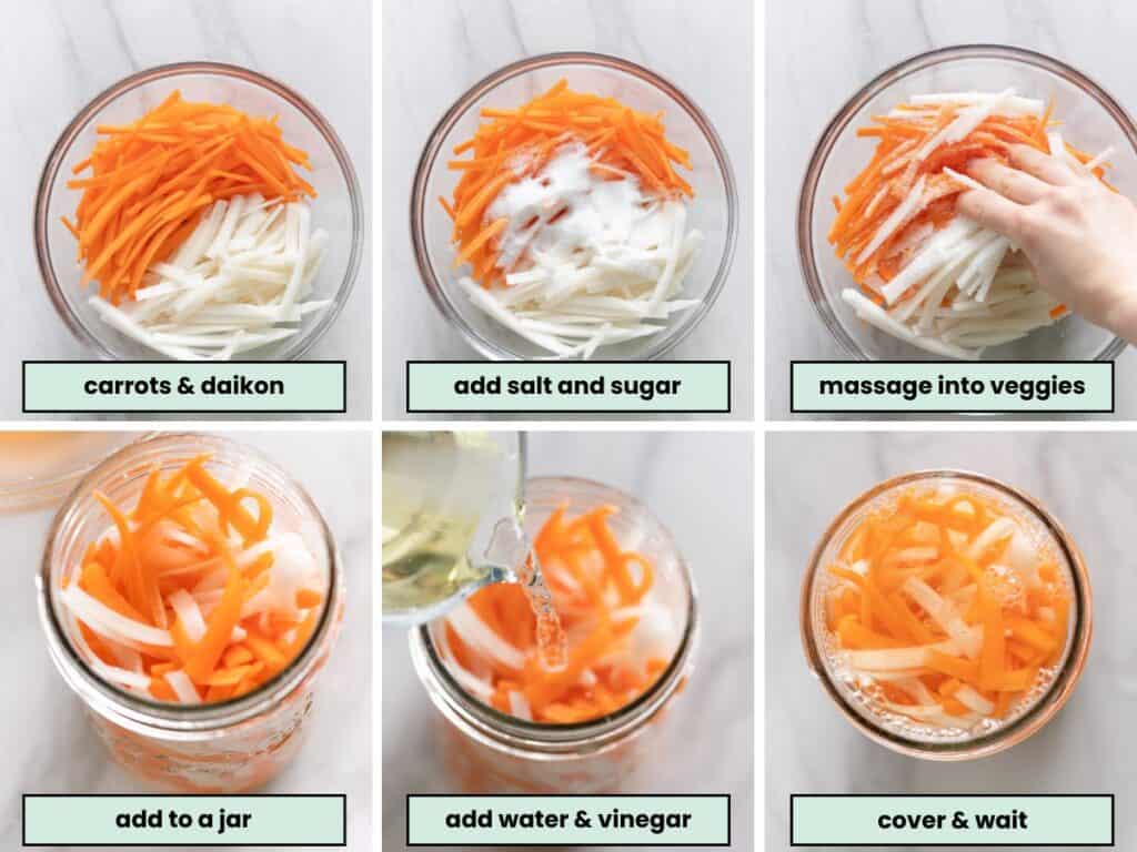 Vietnamese Pickled Carrots and Daikon collage of steps showing how to prepare the pickled veggies in salt, sugar, water and vinegar