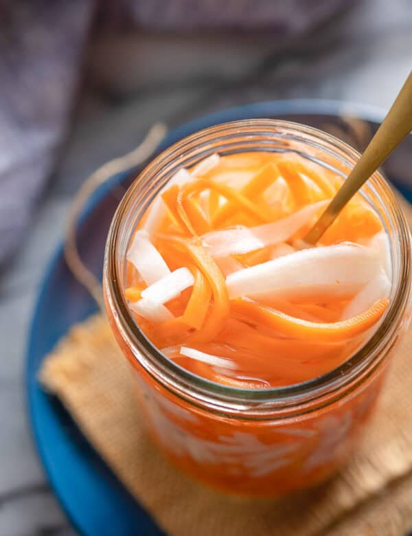 Vietnamese pickled carrots and daikon in a jar