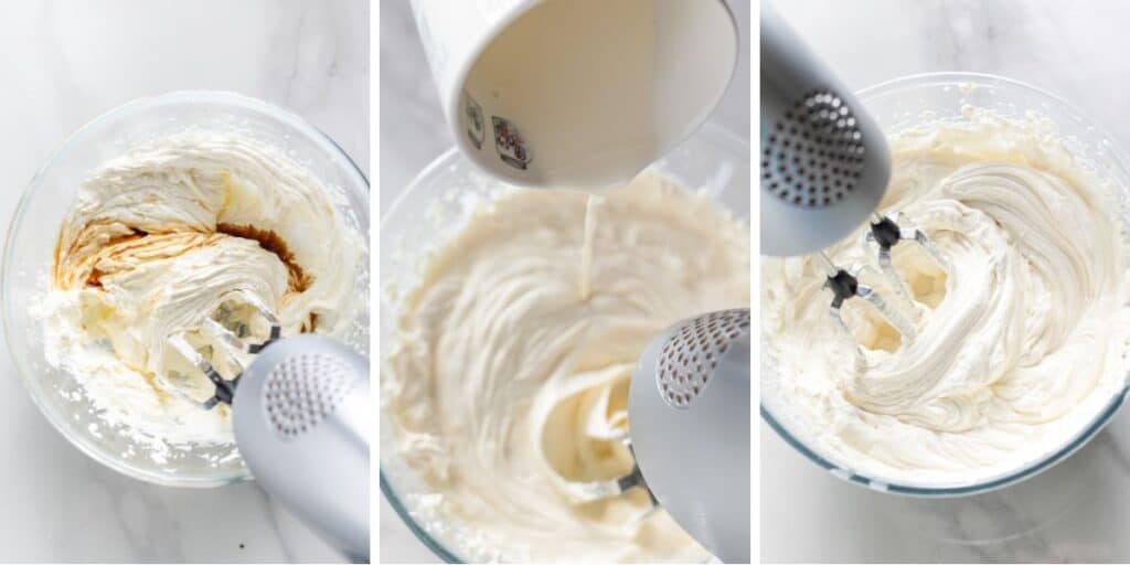 mascarpone frosting ingredients beaten together in a mixing