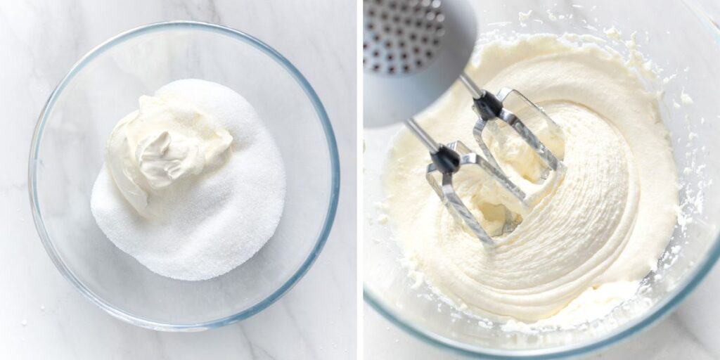 sugar and mascarpone in a mixing bowl and beaten together with an electric mixer