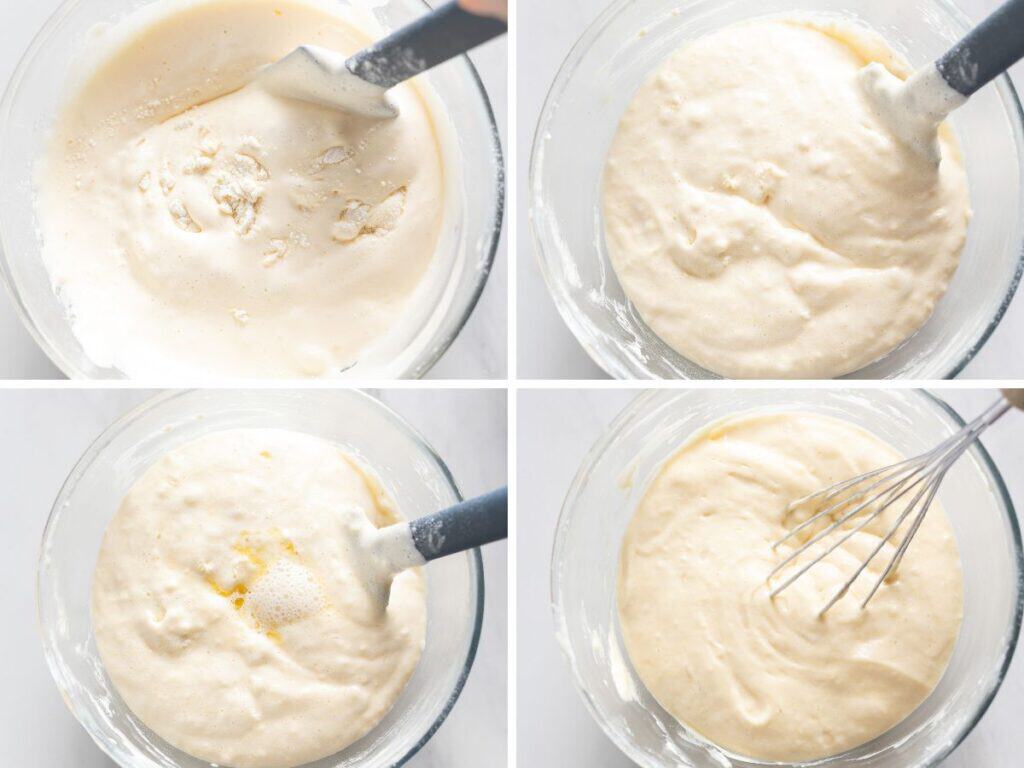 swiss roll cake batter mixed together in four stages