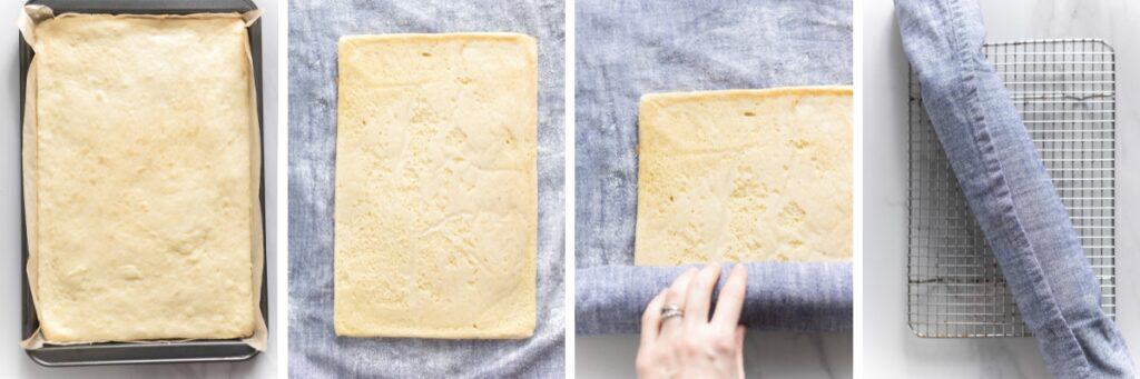 collage showing the different stages of rolling swiss roll sponge cake in a tea towel