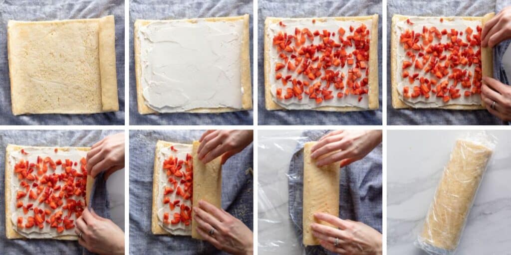 collage showing how to fill and roll a gluten free swiss roll with strawberries and cream