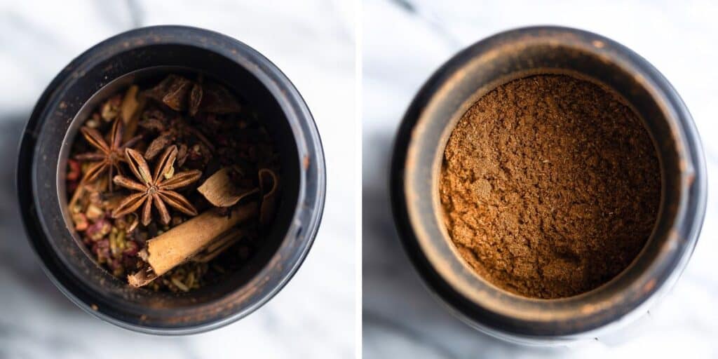 Whole spices inside a coffee grinder before and after grinding into a powder