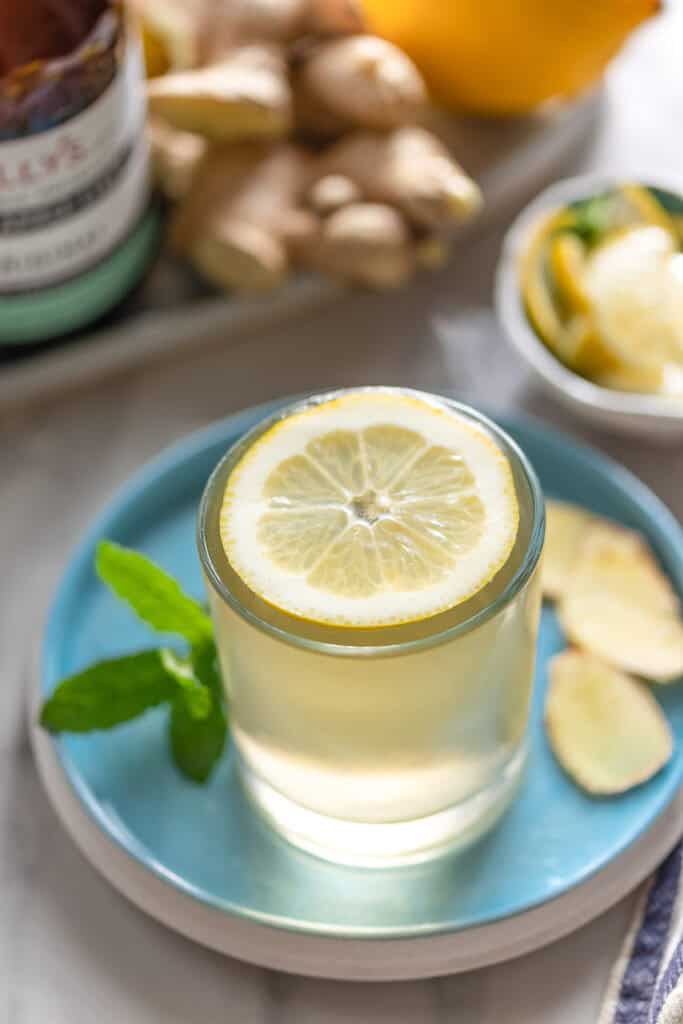 ginger switchel in a glass with a lemon slice on top