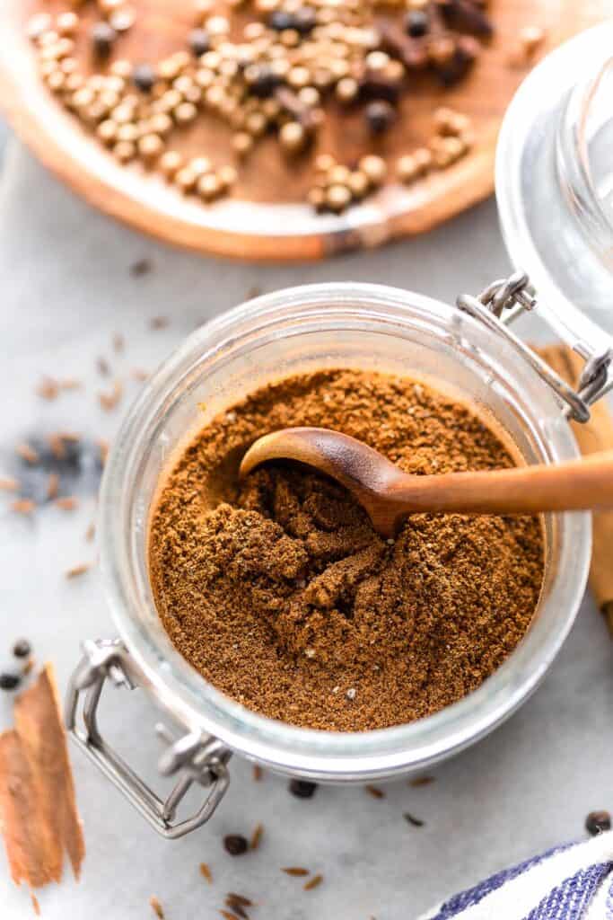 homemade seven spice in a spice jar