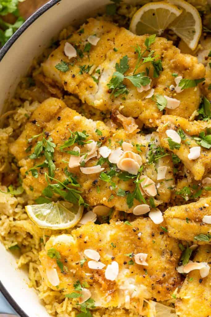 pan fried cod coated in flour and spice over a bed of Lebanese spiced rice (sayadieh)