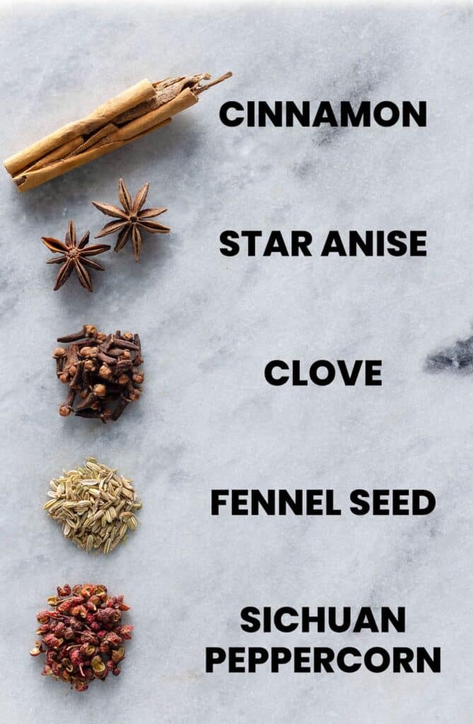 Whole fennel seed, clove, star anise, sichuan peppercorns and cinnamon stick for chinese five spice 