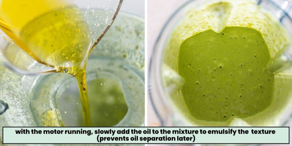 collage showing how to add olive oil  to the cilantro pepita to create an emulsion so the dressing doesn't separate later