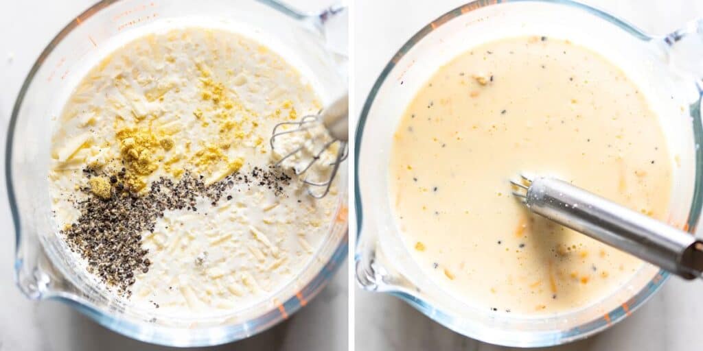 quiche ingredients mixed together in a large jug: eggs, cheese, milk, cream, pepper and mustard powder