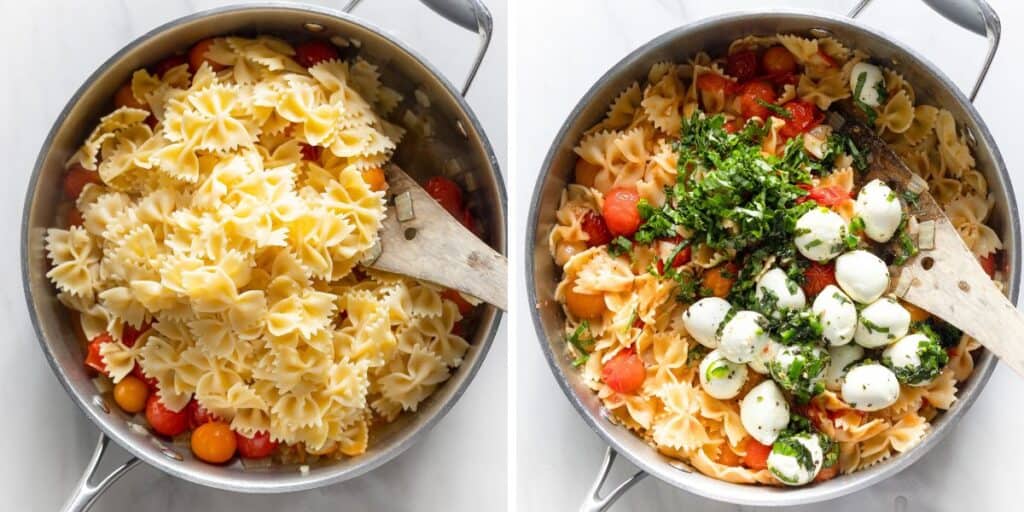 Burst Cherry Tomato Pasta mixed together in a large skillet