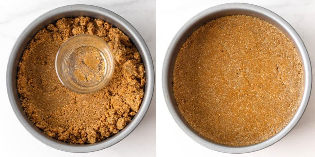 gluten free no bake cheesecake crust pressed into 9-inch loose-bottom cake pan with the bottom of a flat cup 