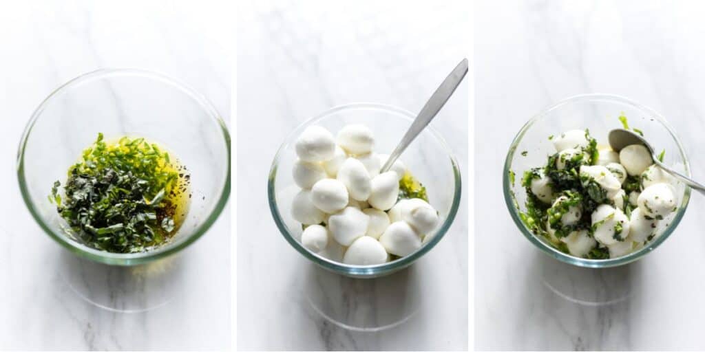 a marinade made with olive oil, lemon juice, fresh basil, salt and pepper in a small bowl and mixed with fresh mozzarella pearls