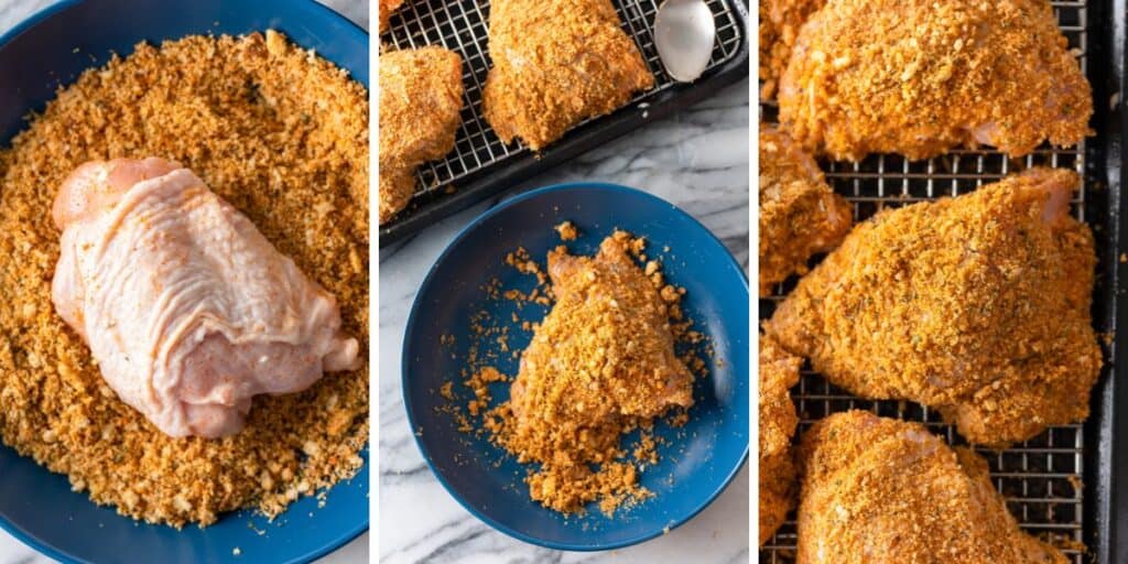 chicken thighs breaded with spiced gluten free breadcrumbs then place on a wire rack to bake
