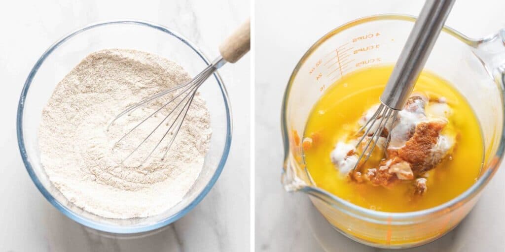 Left image contains a bowl of flour whisked with spice and baking powder; Right image is a measuring jug full of melted butter, yoghurt, eggs and pumpkin puree