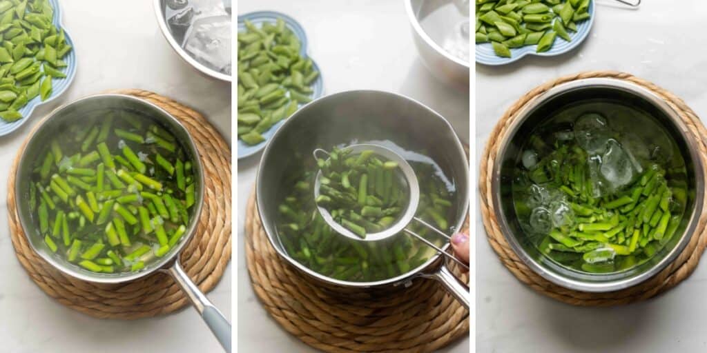 A collage of images showing the stages of blanching asparagus: boiling in water, removing from the water, adding to an ice bath to stop cooking.