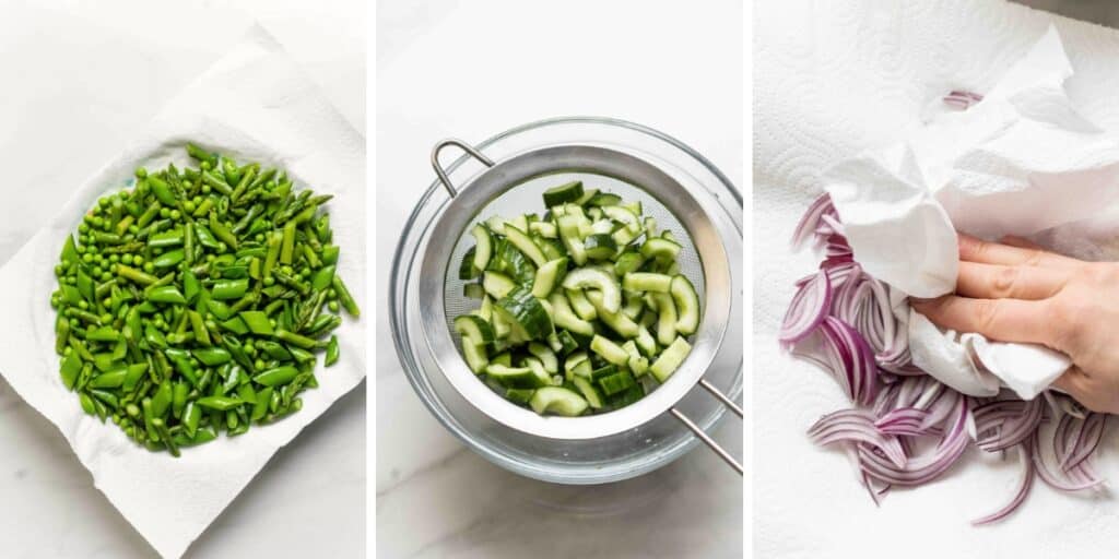 Collage of 3 images: Freshly blanched peas and asparagus drying on a paper towel; salted cucumbers sitting in a strainer over a bowl, sliced onions patted dry.