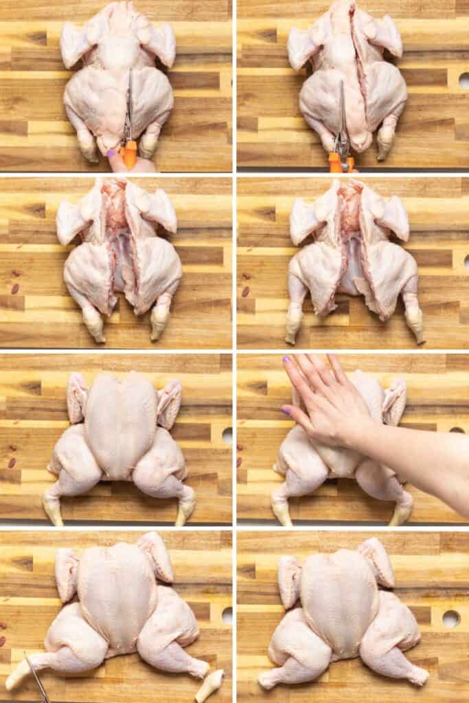 A step-by-step collage demonstrating how to spatchcock a whole chicken.