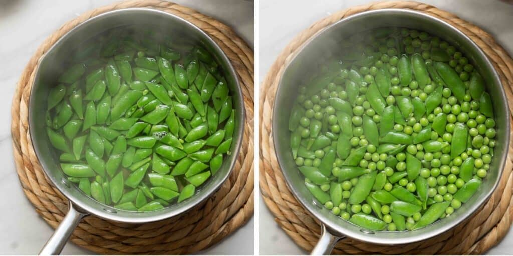 Two pots of hot water: one with sliced snap peas and the second with snap peas and english peas.