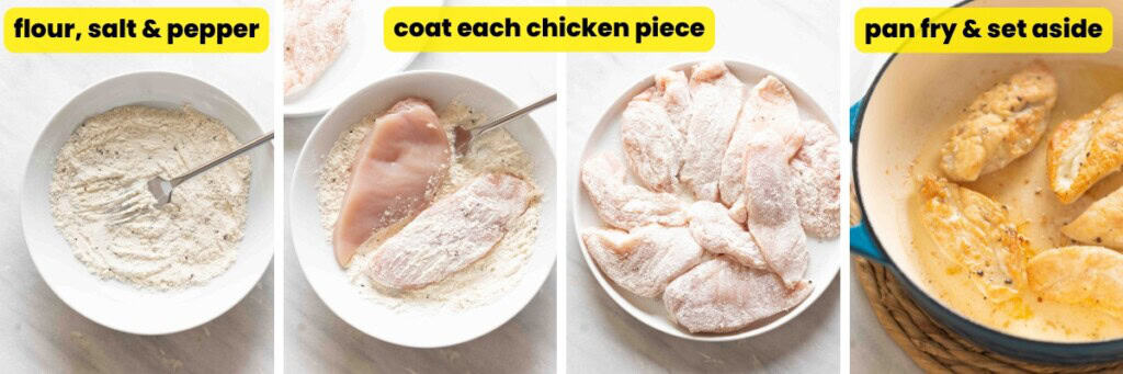 A collage of four images showing the steps of lighting coating chicken breast in a seasoned flour mixture then pan frying the chicken.