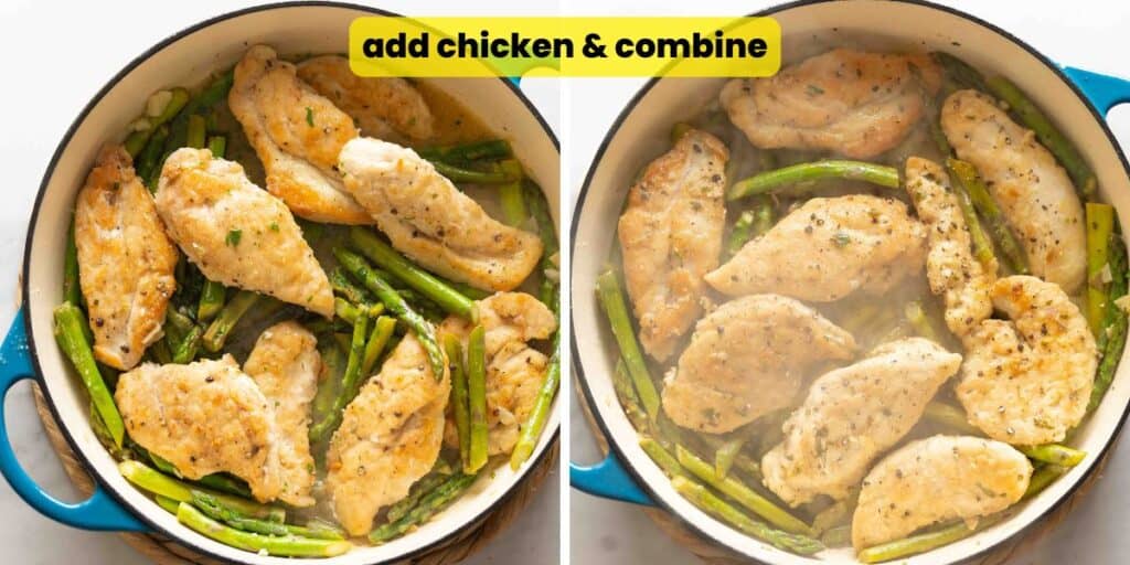 Two images showing the steps of adding breaded, pan-fried chicken to the lemon-asparagus sauce and mixing together until well combined.