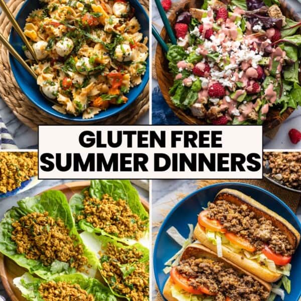 GF Summer Dinners Thumbnail collage: tomato balsamic pasta with mozzarella, raspberry chicken salad, golden pork lettuce wraps and a chopped cheese sandwich.
