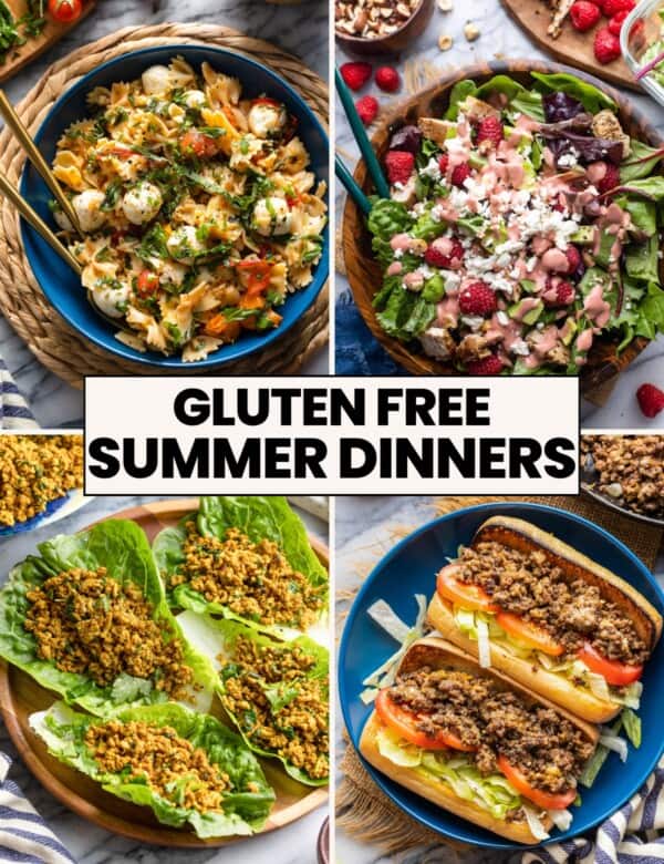GF Summer Dinners Thumbnail collage: tomato balsamic pasta with mozzarella, raspberry chicken salad, golden pork lettuce wraps and a chopped cheese sandwich.