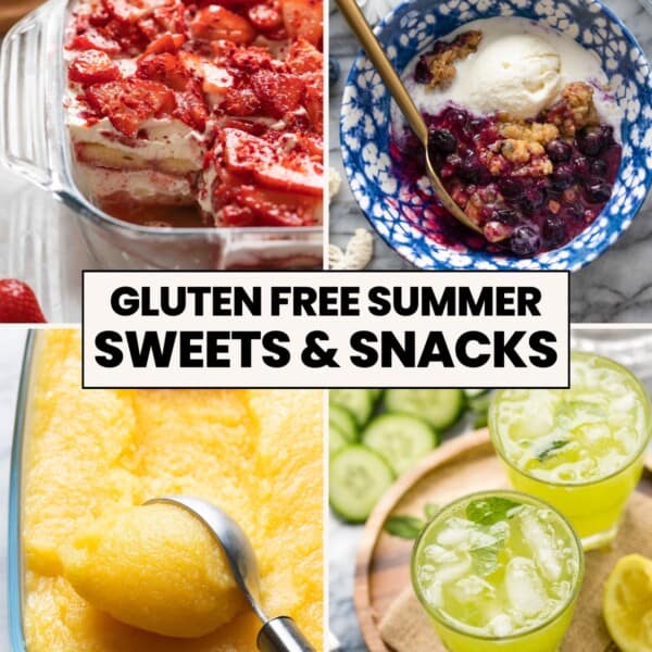 GF Summer Sweets & Snacks Thumbnail collage: strawberry tiramis, blueberry cobbler with vanilla ice cream, pineapple sorbet and cucumber mint lemonade.