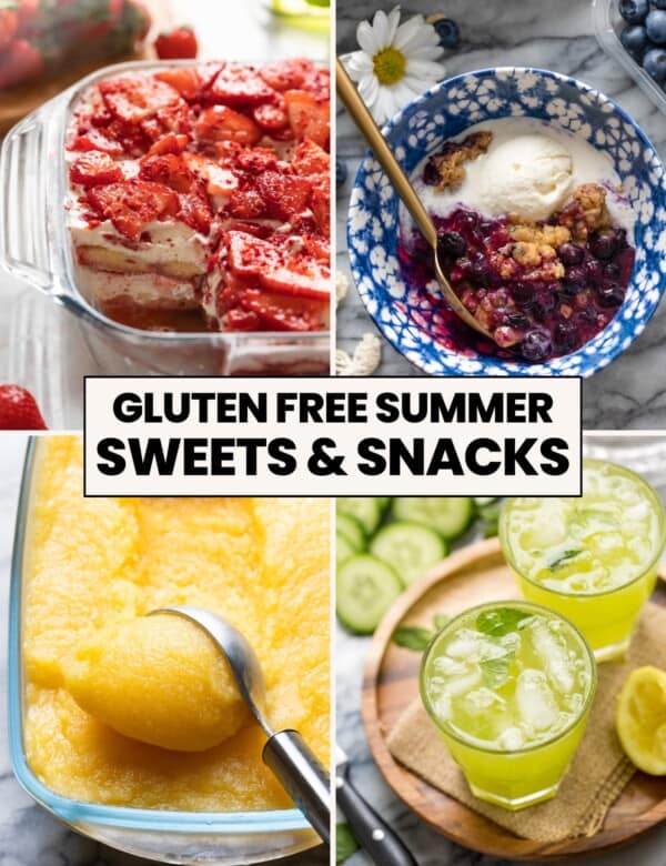 GF Summer Sweets & Snacks Thumbnail collage: strawberry tiramis, blueberry cobbler with vanilla ice cream, pineapple sorbet and cucumber mint lemonade.