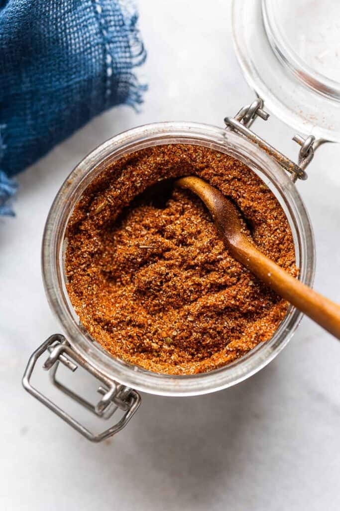 Homemade Taco Seasoning in a storage jar.