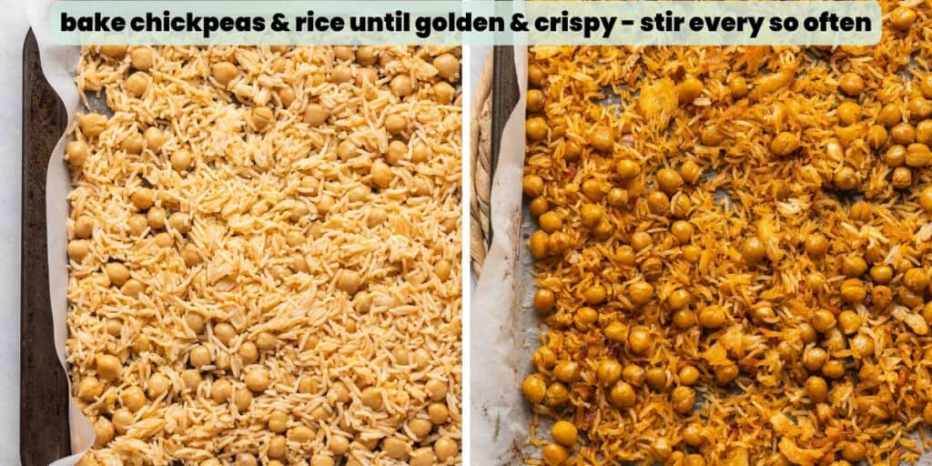Baked chickpea & rice collage. Text: Bake chickpeas & rice until golden & crispy - stir every so often.