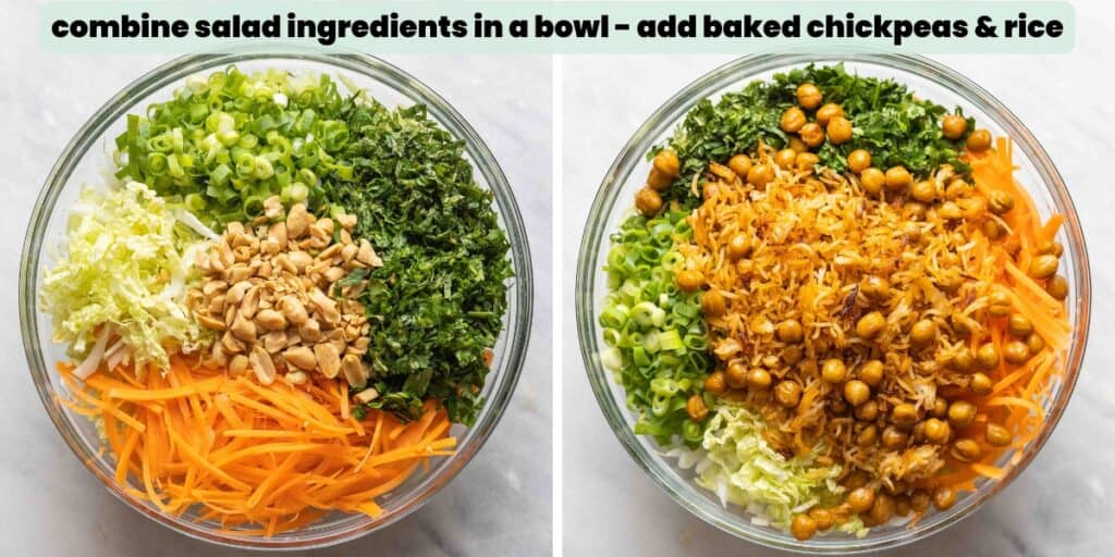 Cabbage crunch salad assembly collage. Text: combine salad ingredients in a bowl - add baked chickpeas & rice.
