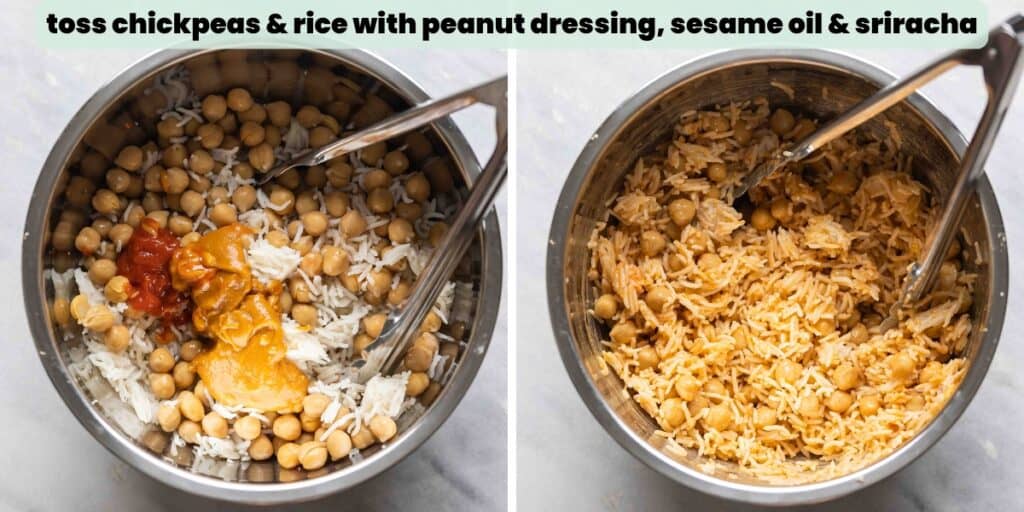Crispy chickpea and rice collage. Text: toss chickpeas & rice with peanut dressing, sesame oil & sriracha.