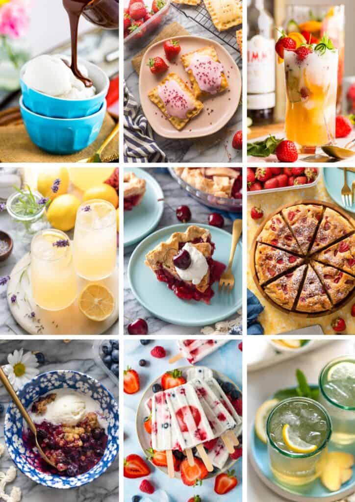 A collage of 9 different gluten free summer time desserts, snacks and drink recipes including ice cream, lemonade, pie, popsicles and crumble.